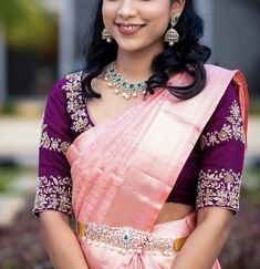 Pattu Saree Designer Blouses, Designer Blouses For Pattu Sarees, Purple Pattu Blouse Designs, Pattu Saree Designs Latest, Pink Color Saree Contrast Blouse, Marriage Saree Blouse Designs, Self Colour Blouse Designs, Pink Colour Saree Contrast Blouse, Simple Blouse Designs For Saree Pattu