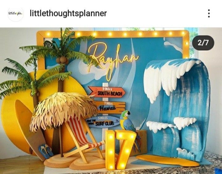 there is a sign that says bayah on the wall next to a beach chair and palm tree