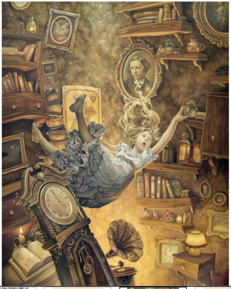 a painting of a woman flying through the air over a clock and bookshelf