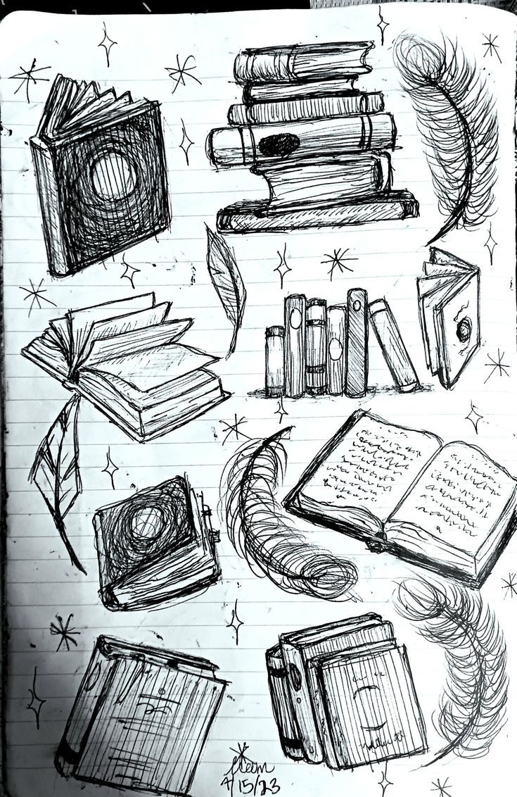 a notebook with some books on it and stars in the sky around them, all lined up