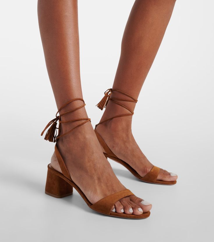 Alu 50 suede sandals in brown - Aquazzura | Mytheresa Suede Style, Heels Brown, Aquazzura Shoes, Pointy Toe Heels, Spot Lights, Faux Fur Boots, Suede Fashion, Brown Heels, Lace Up Sandals