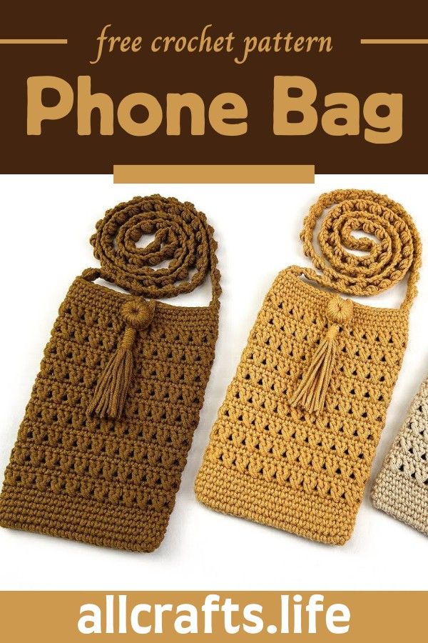 three crocheted cell phone bags with tassels on the handles and sides