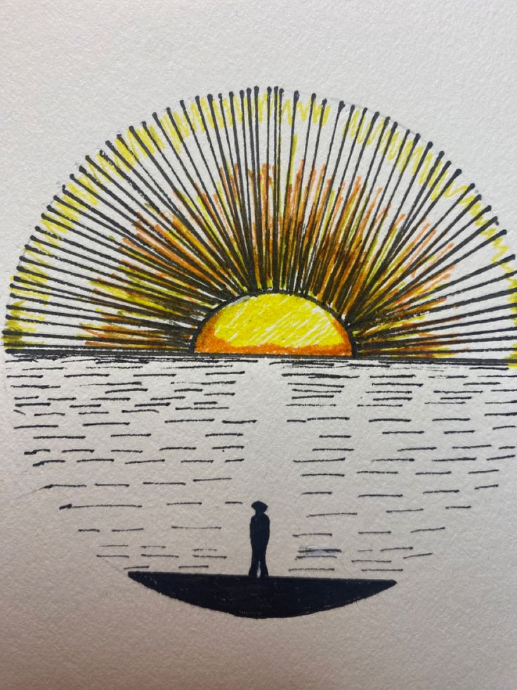 a drawing of a person standing in front of the ocean with an orange sun behind them