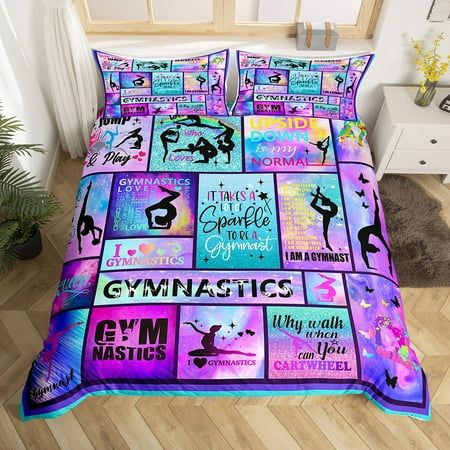 a bed covered in a colorful comforter with gymnastics pictures on it and the words, i can do all things