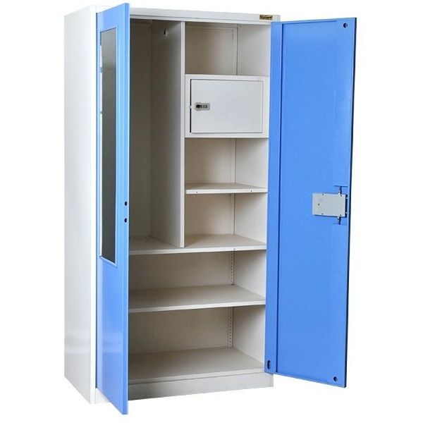 an open blue and white cabinet with shelves on both sides, one door opened to the other side