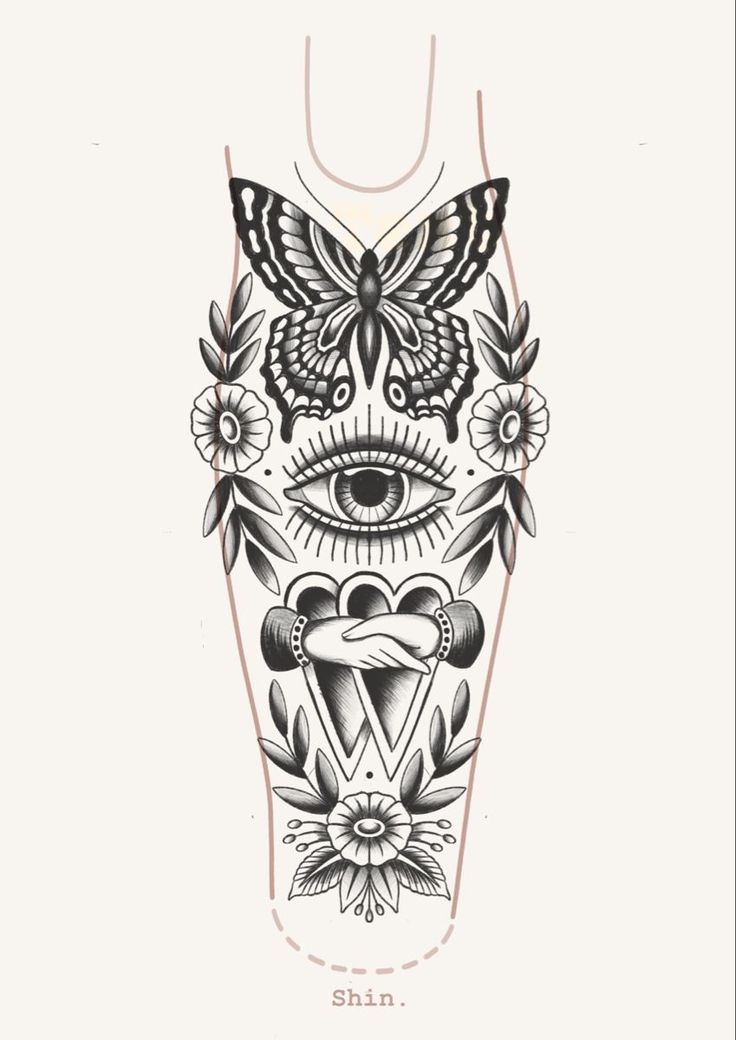 a tattoo design with an eye and flowers on the bottom half of its arm, which is