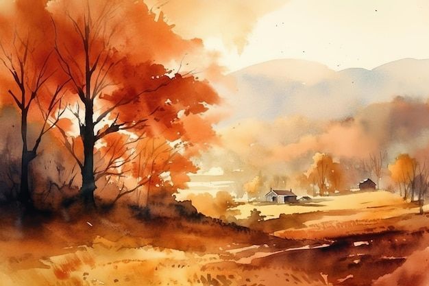 watercolor painting of trees and houses in the distance with oranges, browns and yellows