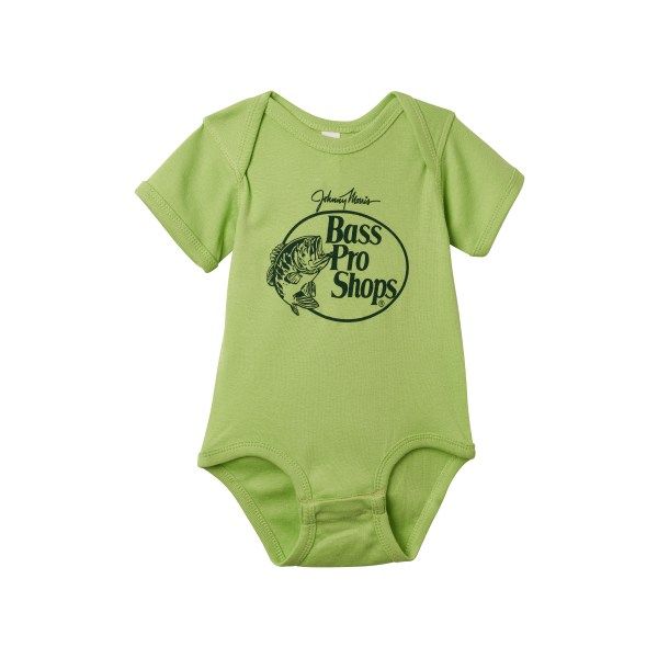 Start baby off right with the Bass Pro Shops Original Logo Short-Sleeve Bodysuit for Babies. This cool addition to the Bass Pro baby clothes collection displays the iconic leaping-bass logo front and center, along with all-over camo. Lapped shoulders provide easy on/off, and a snap crotch placket allows quick changes. Ribbed collar and trim keep this bodysuit snug, and the soft 60% cotton/40% polyester fabric feels cozy and holds up through playtime, naps, or overnight. Machine wash. Imported.   60% cotton/40% polyester  Screen-printed leaping-bass logo  All-over camo  Ribbed collar and trim  Lapped shoulders  Snap crotch placket Bass Logo, Collection Displays, Short Sleeve Bodysuit, Key Lime, Baby & Toddler Clothing, Displaying Collections, Clothes Collection, Kids Tops, Good Brands