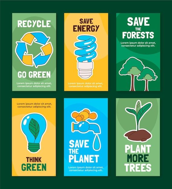 save the earth posters with trees, plants and lightbulbs in different colors