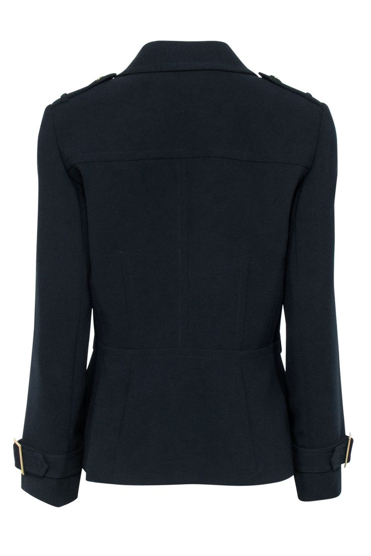 Unleash your inner boss babe in this polished, professional Tahari black blazer. With a classic double breasted design and chic gold buttons, you'll exude confidence and style. Perfect for any occasion, this blazer is a must-have for any fashion-forward individual. Size 10 100% Polyester Fully lined Double breasted button closure Two front flap faux pockets Bust 42" Waist 36" Shoulder to hem 25" Shoulder to shoulder 16.5" Sleeve length 24.5" Black Blazer With Gold Buttons For Work, Tailored Black Outerwear With Gold Buttons, Fitted Blazer With Gold Buttons For Work, Fitted Blazer With Gold Buttons For Business Casual, Fitted Outerwear With Gold Buttons For Work, Fall Workwear Blazer With Gold Buttons, Chic Fitted Pea Coat For Work, Fitted Pea Coat For Workwear, Black Double Breasted Blazer