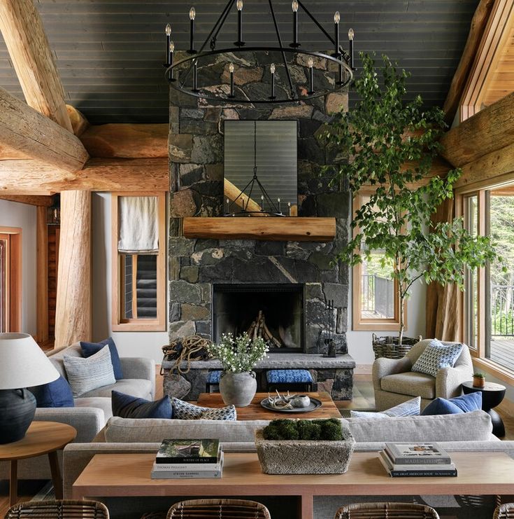 a living room filled with lots of furniture and a fire place in the middle of it