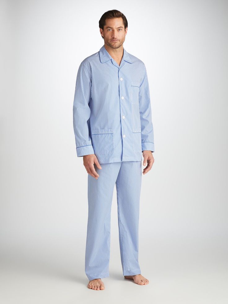 Designed for your free time with a relaxed fit, they're perfect for lounging day to night. Featuring a three pocket jacket, classic collar and adjustable two-button waistband. Elasticated sides on the trousers mean the front and back are flat for your comfort. Customise your pyjama set with your initials for a unique personalised touch. Classic and versatile. The James is a lightweight and breathable pure cotton fabric with a blue and white striped design. It's made to offer the highest level of Classic Pants With Straight Hem For Loungewear, Classic Straight Hem Pants For Loungewear, Classic Cotton Loungewear Set, Classic Blue Sleepwear For Bedtime, Classic Sleep Sets With Relaxed Fit, Classic Relaxed Fit Loungewear Sets, Classic Relaxed Fit Sets For Daywear, Classic Cotton Sets With Relaxed Fit, Classic Relaxed Fit Sleepwear For Lounging