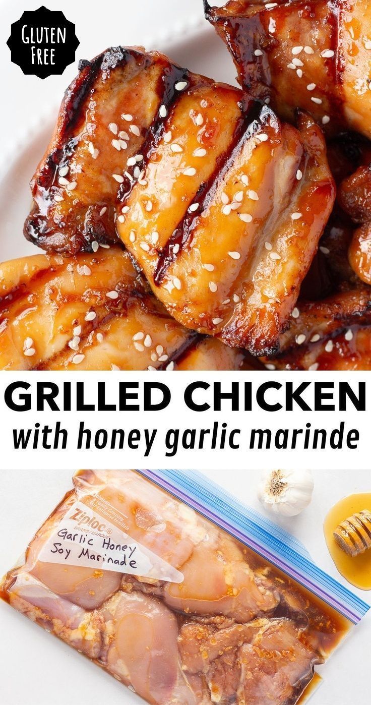 grilled chicken with honey garlic marinade on a white plate next to a bag of sesame seeds