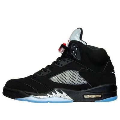 The Air Jordan 5 OG ‘Metallic’ is a 2016 release that offers a remastered version of the classic OG colorway from 1990. A faithful reproduction of the original design, the sneaker features a Black nubuck upper with a reflective 3M tongue, Fire Red accents, an icy Blue outsole, and the iconic ‘Nike Air’ logo on the heel. The Air Jordan 5 OG ‘Metallic’ sneaker was retro released in 2000, 2007, 2011, and now 2016, making it a must-have for any Air Jordan fan or collector. (AJ5/SNKR) Nice Jordans, Air Logo, Nike Air Jordan 5, Nike Fashion Shoes, Jordan Shoes Retro, Shoes Retro, Metallic Sneakers, Air Jordan 5 Retro, Air Jordan 5