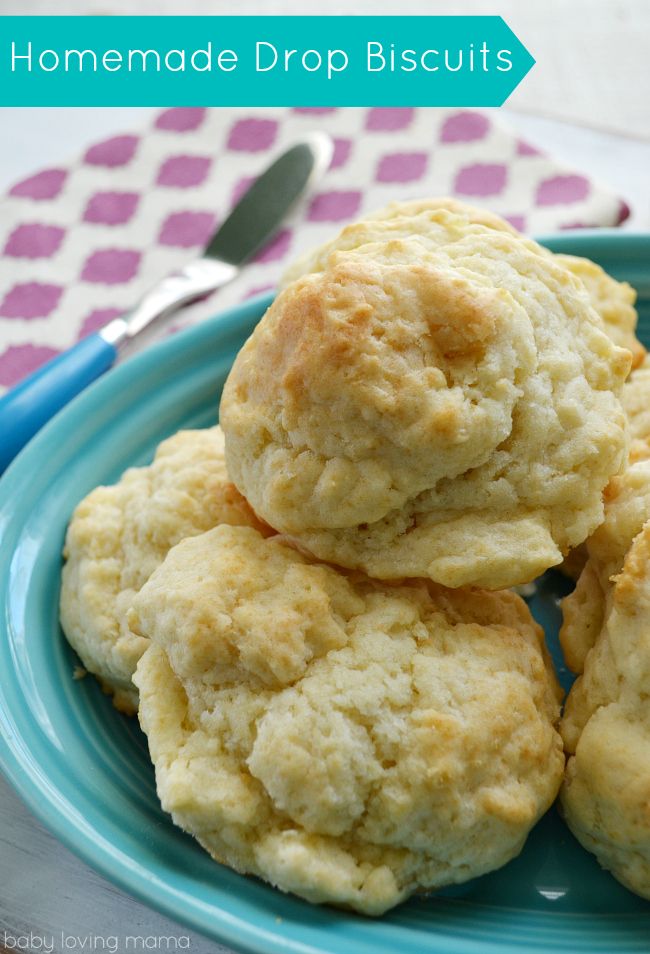 homemade drop biscuits on a blue plate