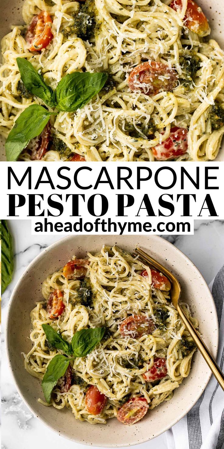 two plates of pasta with basil and tomatoes