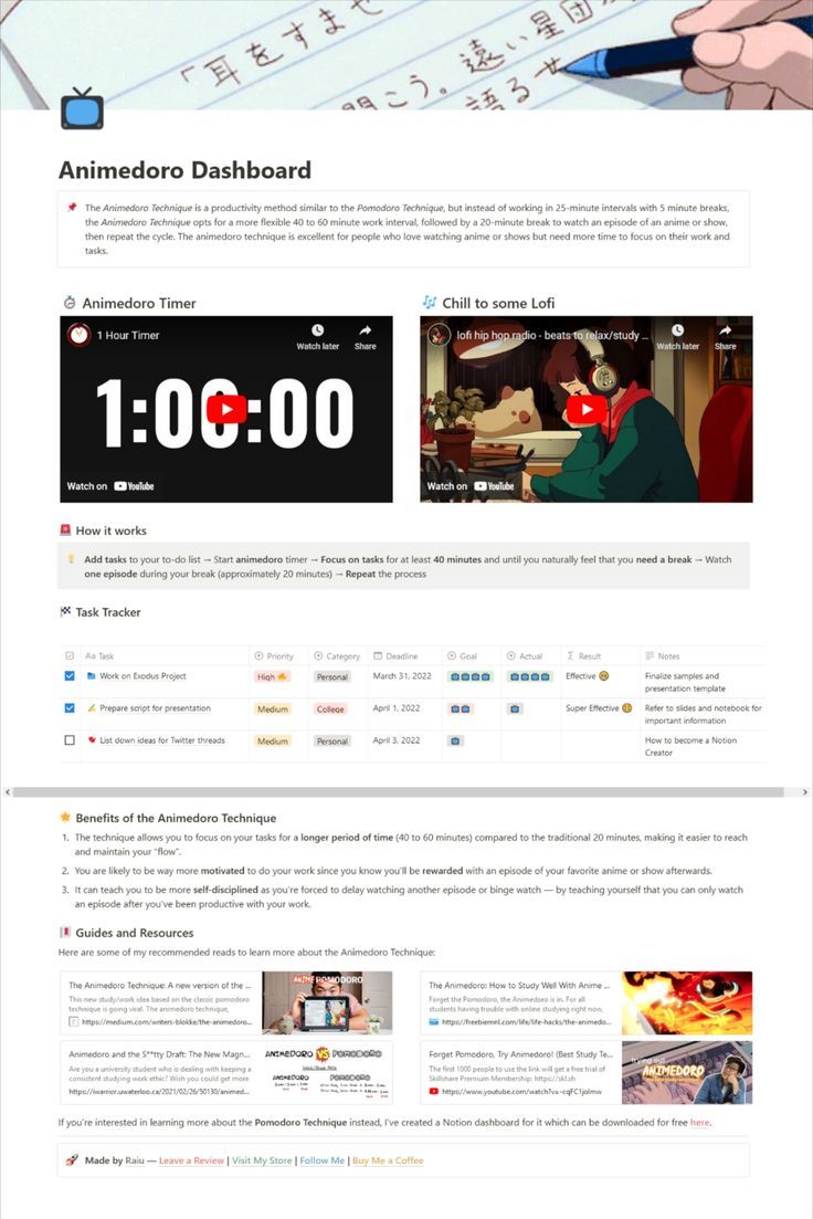 Be productive while handling your distractions smartly with this notion template. The animedoro technique is good for the people who love watching anime but needs more time to focus on their work. This template contains- Animedoro dashboard, Task tracker, Productivity tracker, 60 minute timer with notification, Background music. Download now for free. Anime Notion Template, Notion Anime, Anime Schedule, Productivity Tracker, Hip Hop Radio, Task Tracker, Watching Anime, Wellness Tracker, Goal Tracking