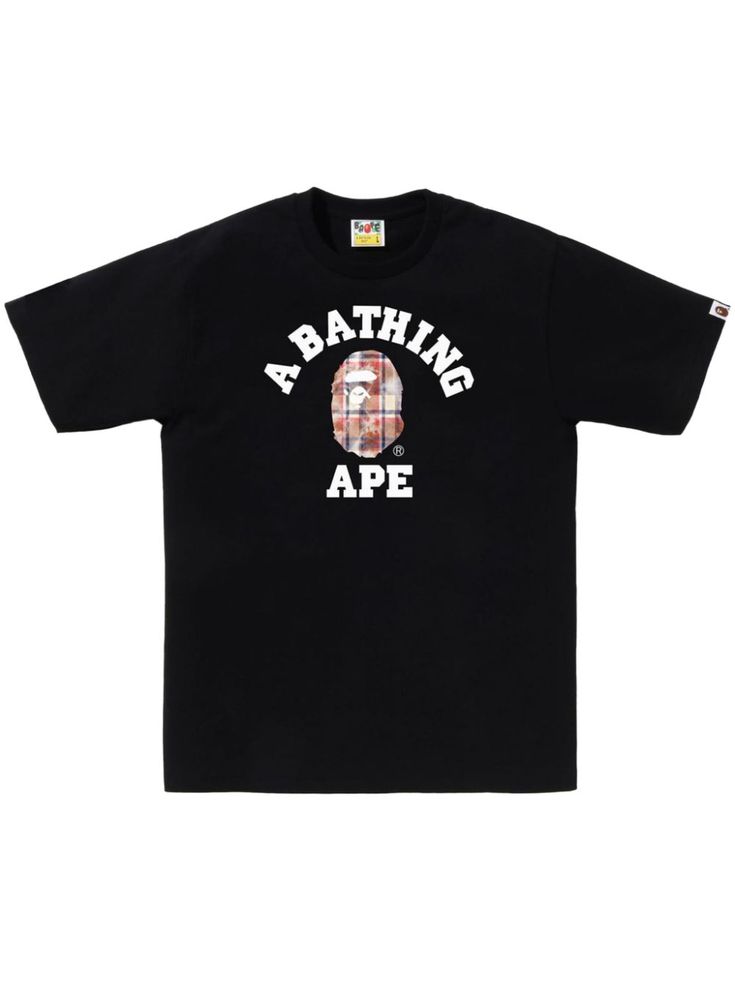 black cotton logo print to the front mini logo tag round neck short sleeves straight hem Bape T Shirt, College T Shirts, Mini Logo, Mini Logos, Versace Outfit, Bathing Ape, Logo Tag, Suit Accessories, A Bathing Ape