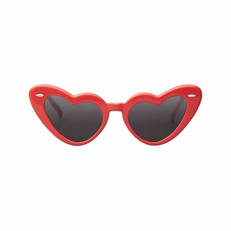 a pair of red sunglasses with heart shaped frames on the front and back, against a white background