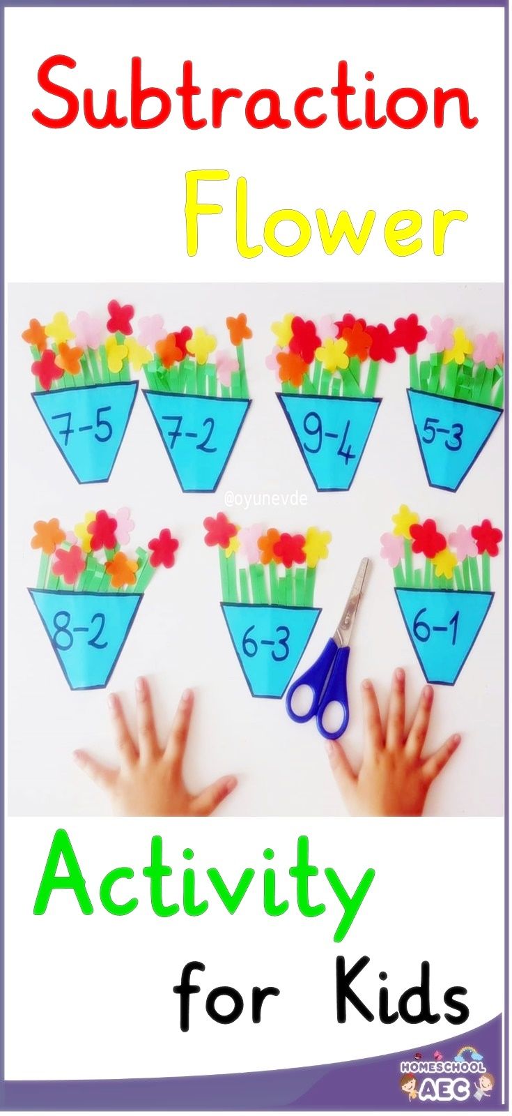 an activity for kids to learn subtraction flowers with the help of hands and scissors