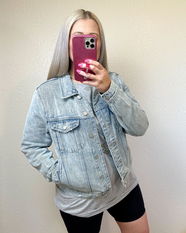 The perfect summer jean jacket! Classic trucker style with feminine twist. Light wash with light distressing. 100% cotton. Light Wash Denim Jacket For Everyday Spring Wear, Everyday Light Wash Denim Jacket For Spring, Summer Everyday Washed Denim Jacket, Relaxed Fit Medium Wash Denim Jacket With Frayed Hem, Light Wash Cotton Denim Jacket With Frayed Hem, Trendy Light Wash Button-up Denim Vest, Faded Cotton Denim Jacket With Frayed Hem, Faded Denim Jacket With Frayed Hem, Casual Acid Wash Denim Jacket For Summer