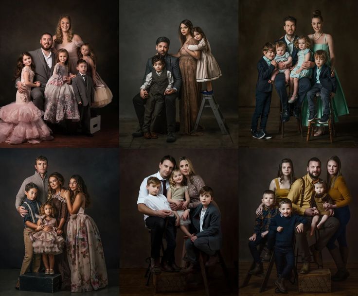 multiple pictures of people and children posing for a family portrait in different poses, with one child sitting on a chair