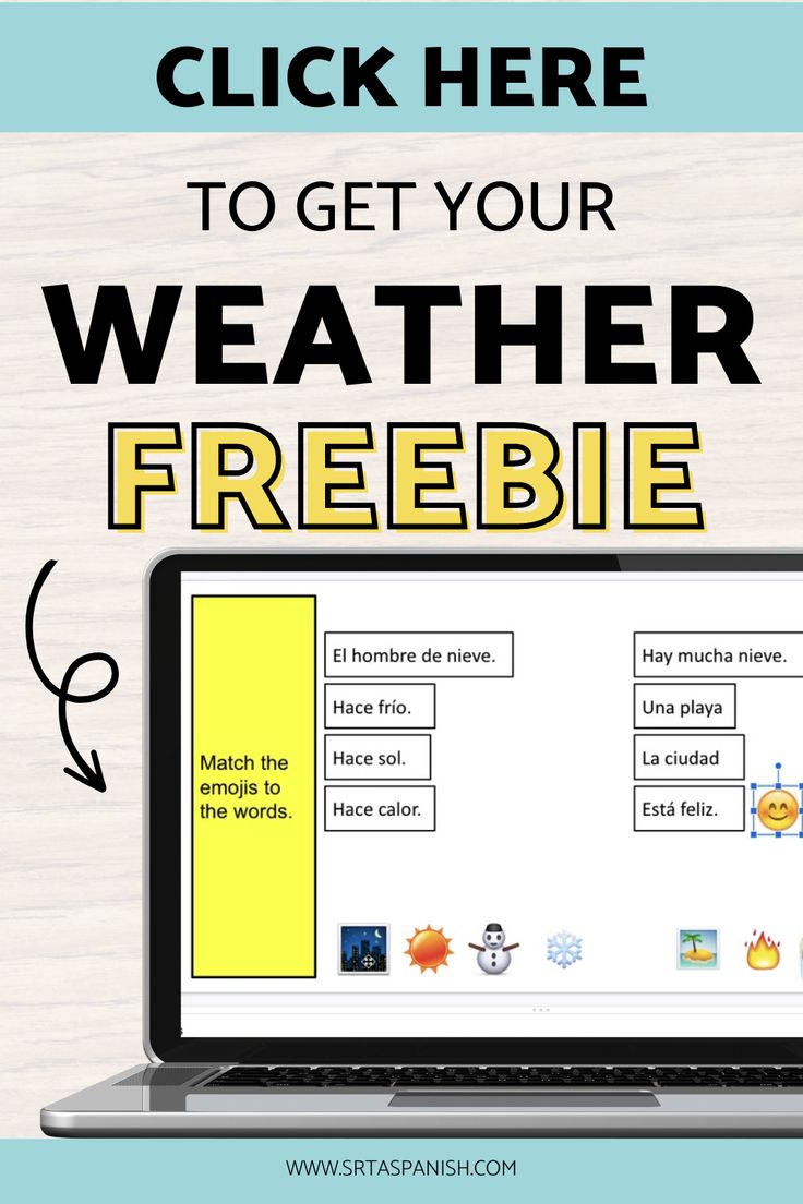 a laptop computer with the words, click here to get your weather freebie on it