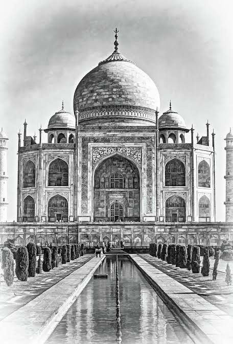 an old photo of the taj - i mosque in india, with water running through it