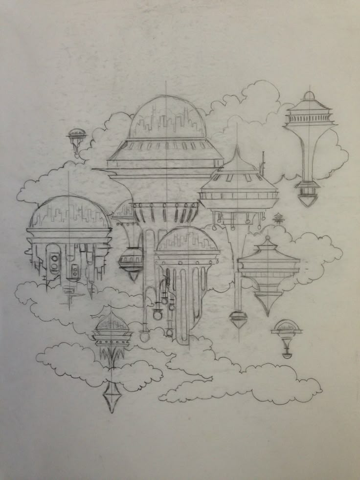 a drawing of some buildings in the sky with clouds and lanterns around them on paper