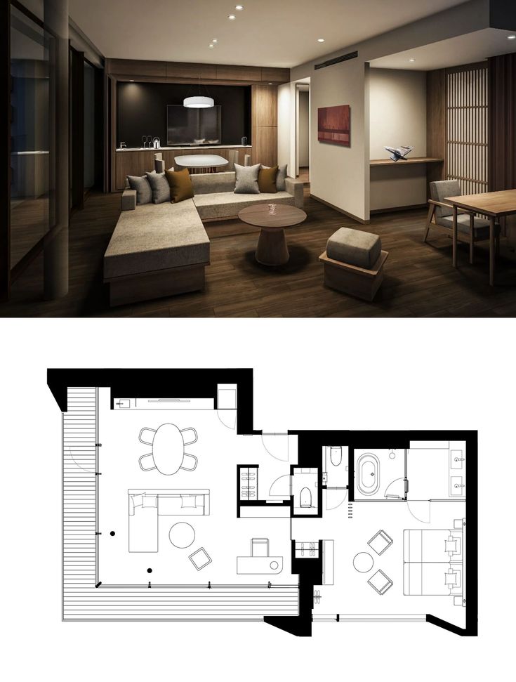 the floor plan for this modern apartment is shown in black and white, with an open kitchen