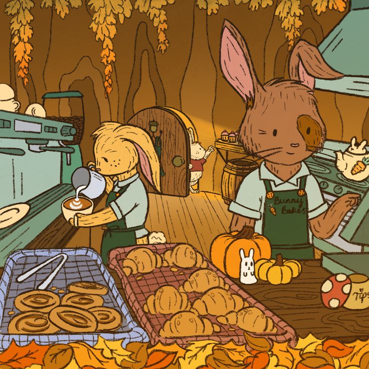 an image of children cooking in the kitchen with buns and pumpkins on the table