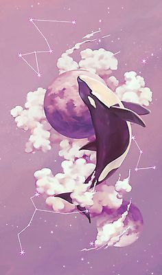 an orca jumping out of the water with clouds and stars in the sky behind it