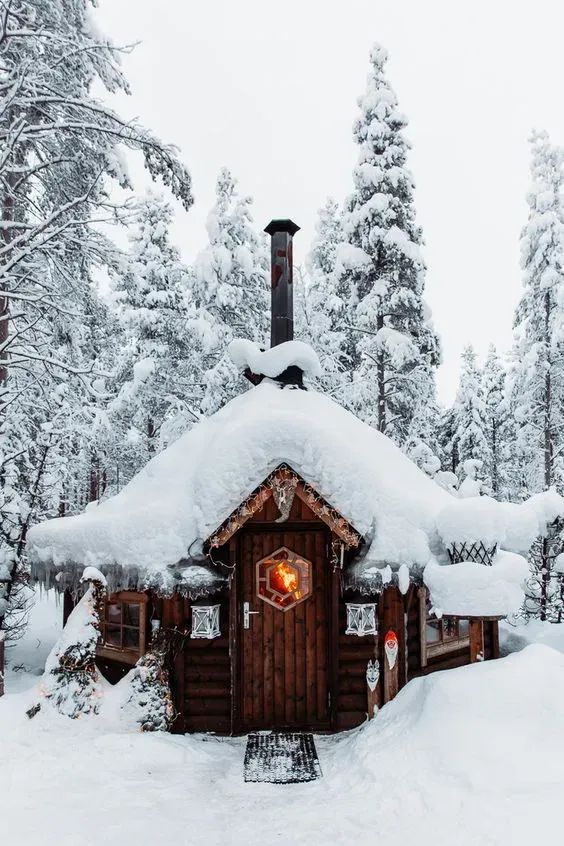 a cabin in the woods covered with snow