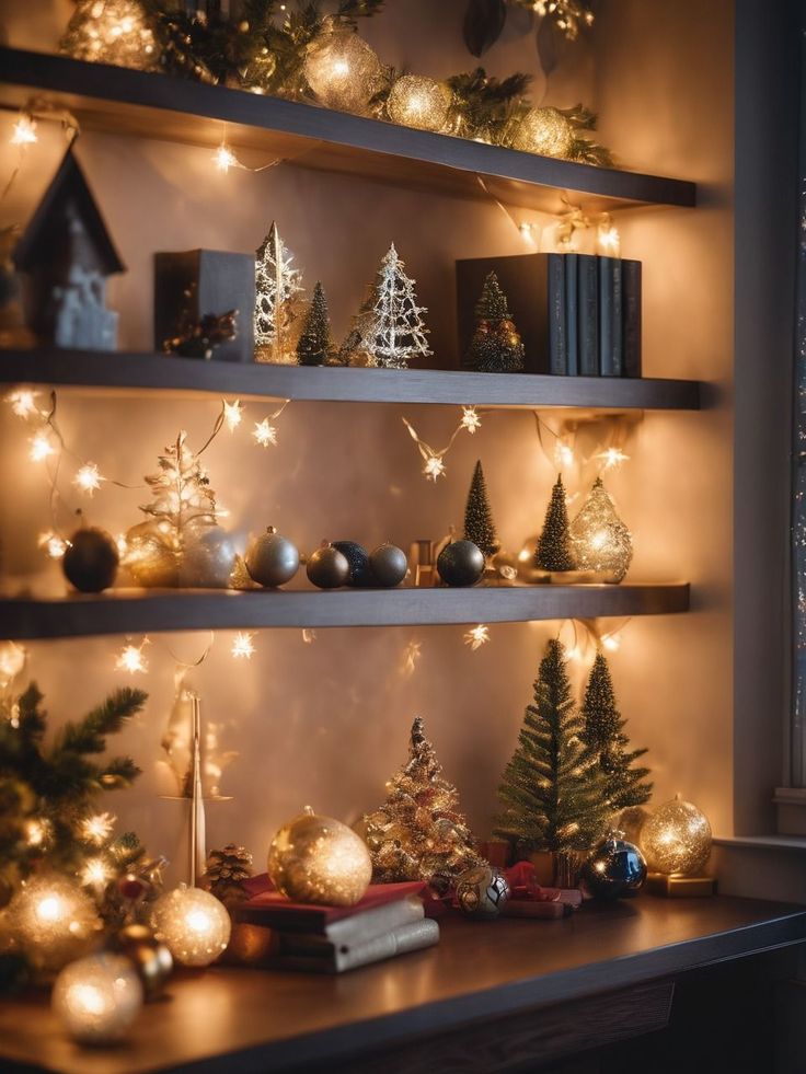 christmas decorations and lights on shelves in a room