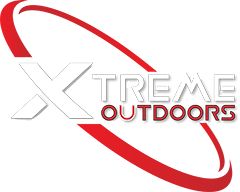 the xtreme outdoorss logo is shown in red and white with black lettering