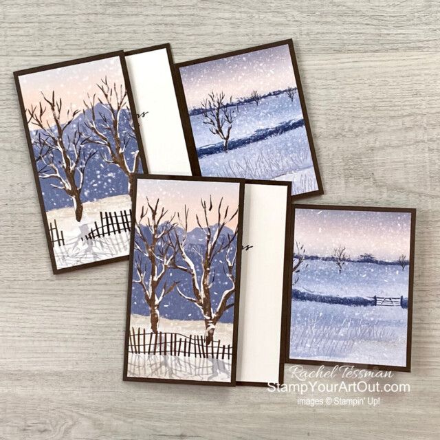 three cards with trees and snow on them, one has a fence in the background