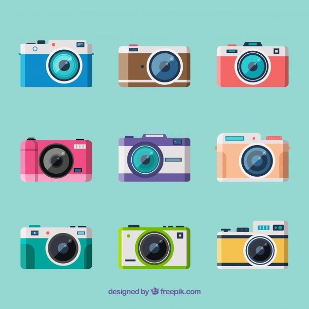 different types of cameras are shown in this flat icon set, including one camera and the other