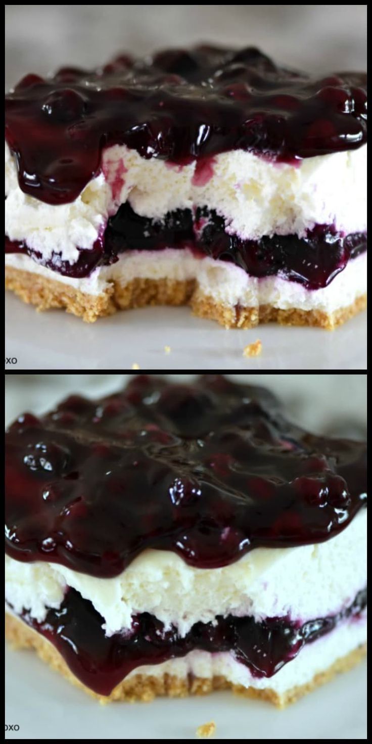 two pictures of cheesecake with blueberry toppings