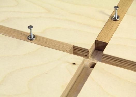 two screws are attached to the top of a piece of wood that is being assembled