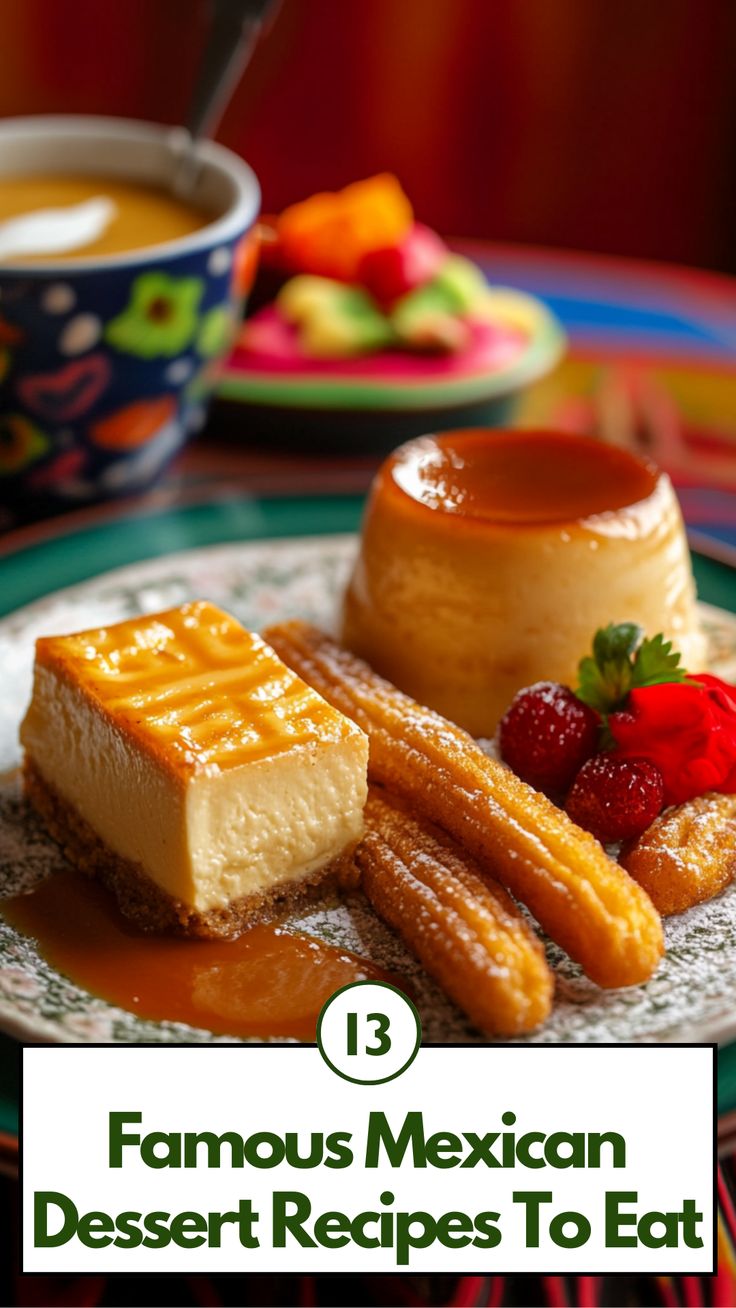 A plate of traditional Mexican desserts including churros, flan, and tres leches cake, showcasing vibrant flavors and rich textures. New Mexico Desserts, Mexican Dessert Charcuterie Board, Mexican Christmas Dessert Recipes, Mexican Food Recipes Dessert, Mexican Baked Goods, Cajeta Desserts, Mexican Tiramisu, Mexican Friendsgiving, Mexican Desserts Easy