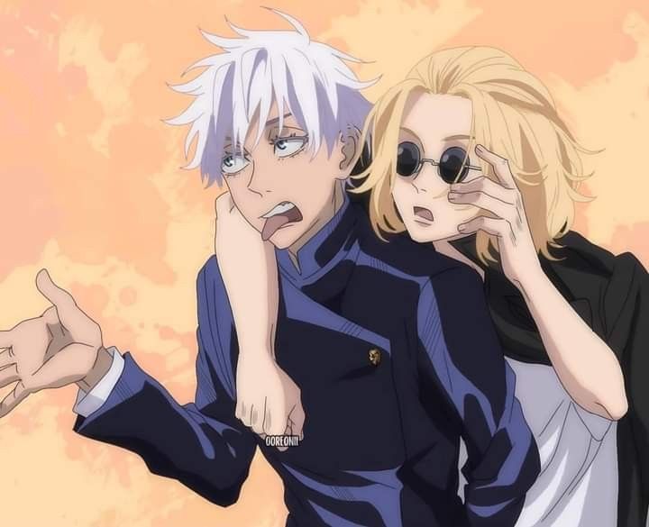 two anime characters are posing for the camera