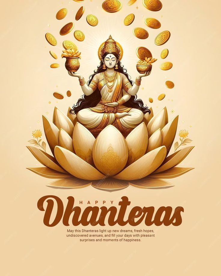 happy dhanteras greeting card with buddha sitting on lotus flower and coins flying around