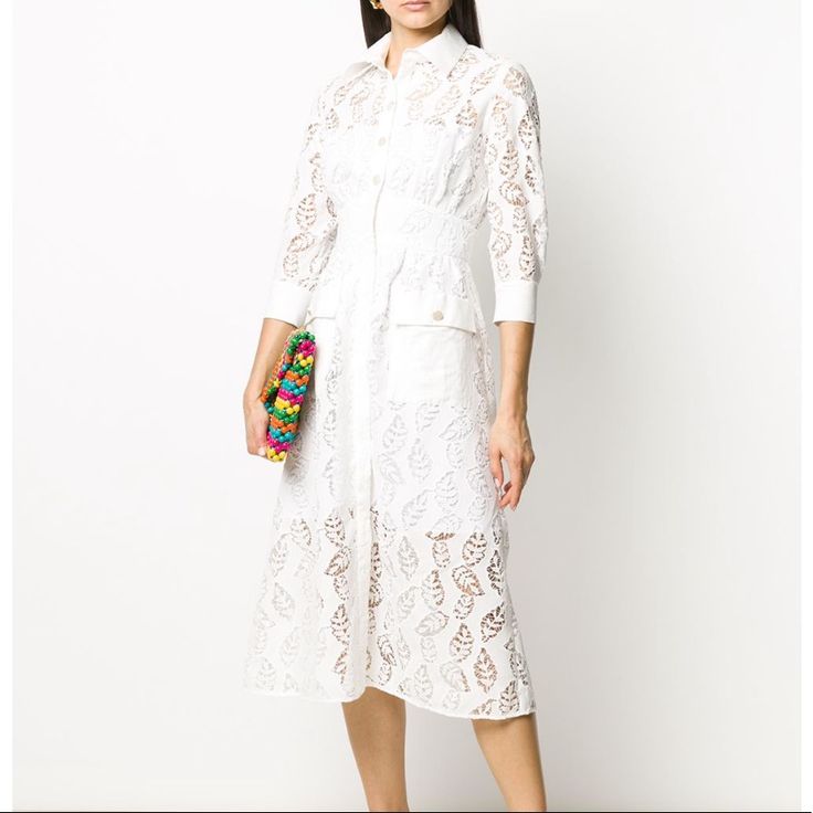 New With Tag Size 34 White Linen Blend Zenali Floral Lace Dress Featuring Floral Lace Pattern , Pointed Collar, Tree Quarter Length Sleeves, Front Button Fastening, Front Flap Pockets And A Fitted Waist. No Return! No Trade! Luxury Spring Dresses With Button Closure, Spring Luxury Dresses With Button Closure, Luxury White Dress With Buttons, Luxury White Midi Dress For Spring, Designer White Daywear Dress, Designer White Dress For Daywear, Gold Sequence Dress, Sandro Dress, Black Lace Bodycon Dress