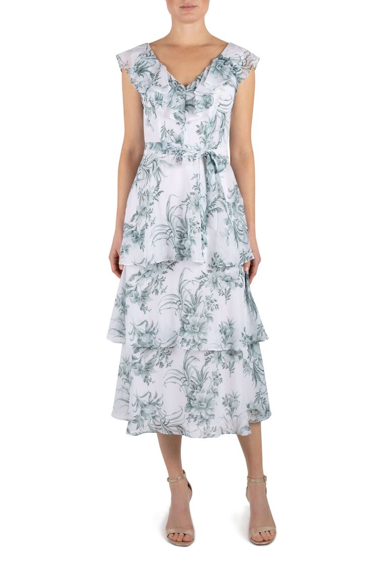 The tiered ruffle midi dress exudes tea time elegance with a high drawstring waist classic floral pattern. 3 Layer Dress, Jordan Clothing, Ruffle Tiered Dress, Long Sleeve Chiffon Dress, Long Midi, Ruffle Midi Dress, Chiffon Midi Dress, Ruffled Neckline, Long Midi Dress