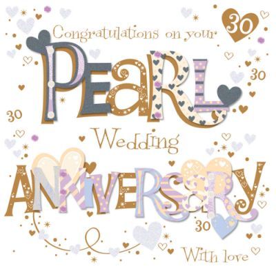 congratulations on your pearl wedding anniversary card with hearts and stars in gold, pink, purple and blue