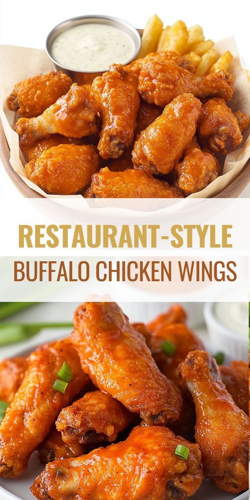 buffalo wings with ranch dressing and fries on the side are shown in this collage