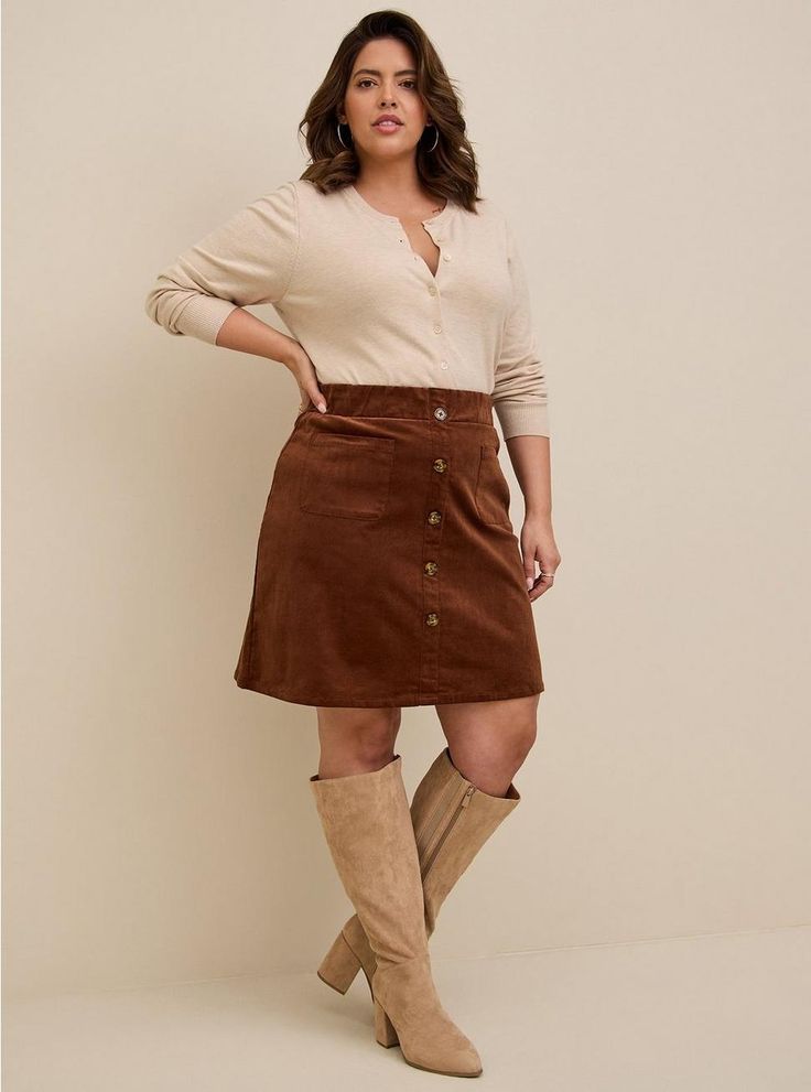 Plus Size Mini Corduroy Button-Front Skirt, BROWN LIGHT BROWN Corduroy Skirt Outfit, Plain Skirt, Button Front Skirt, Shirt Tucked In, Corduroy Fabric, Corduroy Skirt, Plus Size Skirts, Skirt Outfits, Plus Size Fashion