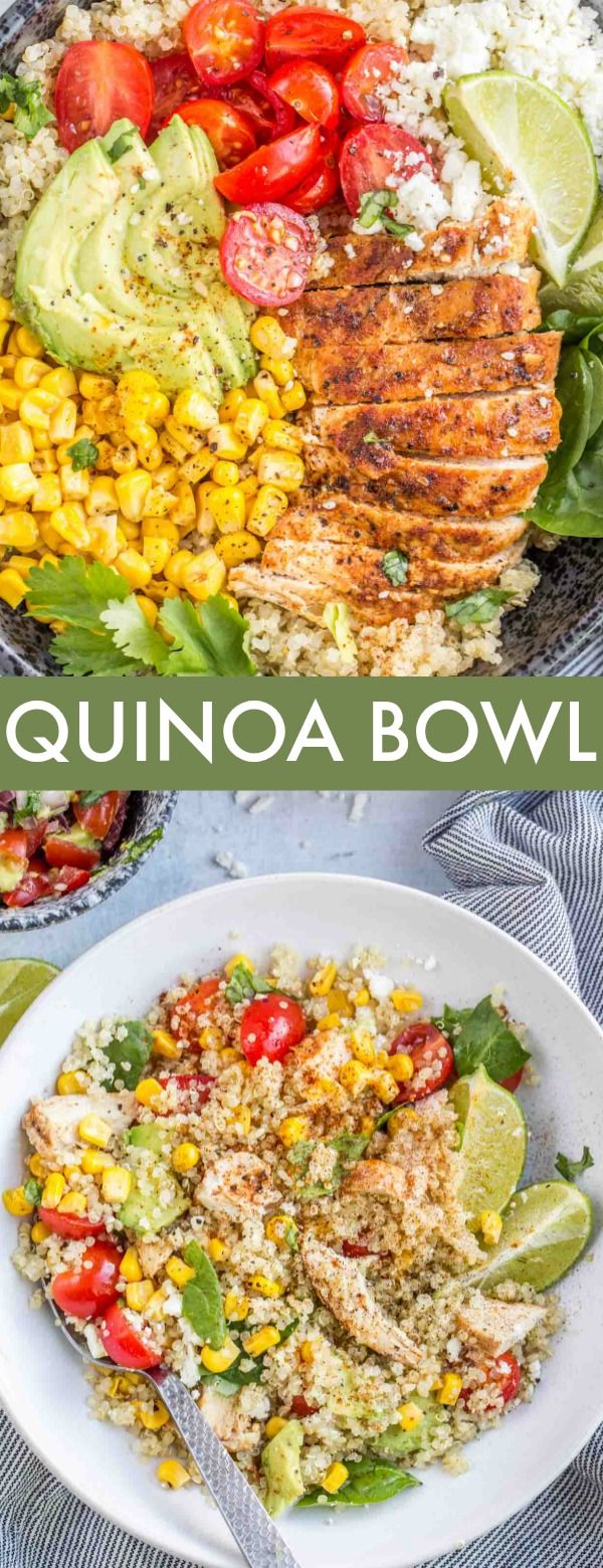 this quinoa bowl is loaded with fresh vegetables, chicken, rice and avocado