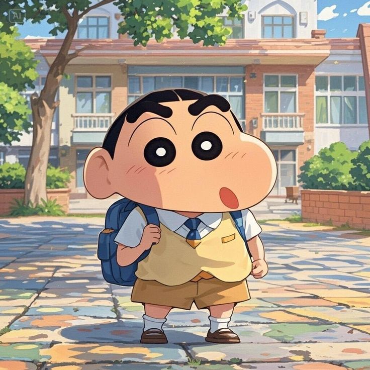 a cartoon character with a backpack standing in front of a building