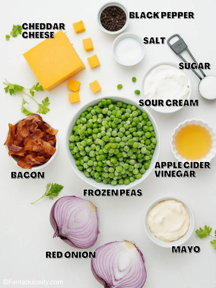 the ingredients to make this recipe include peas, cheese, sour cream, and bacon